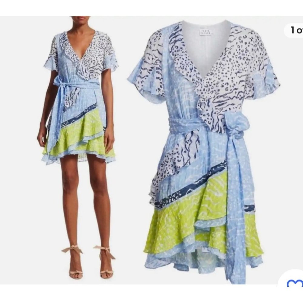 Tanya Taylor Dress Bianca SILK Mini Wrap Leopard in Green Blue sz 0